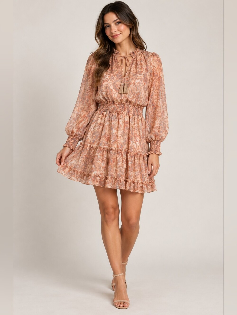 FATE Paisley Boho Mini Dress, Size S, Long Sleeve, Smocked Waist